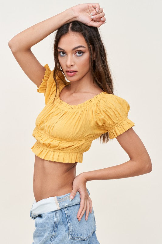 Cropped Short Sleeve Poet Top in Yellow Large Top