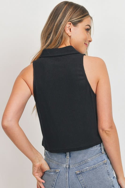 Black Sleeveless Polo Ribbed Crop Top Small Clothing