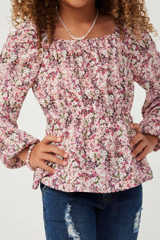 Girls Ditsy Floral Ruffled Neck Long Sleeve Top Large blouse