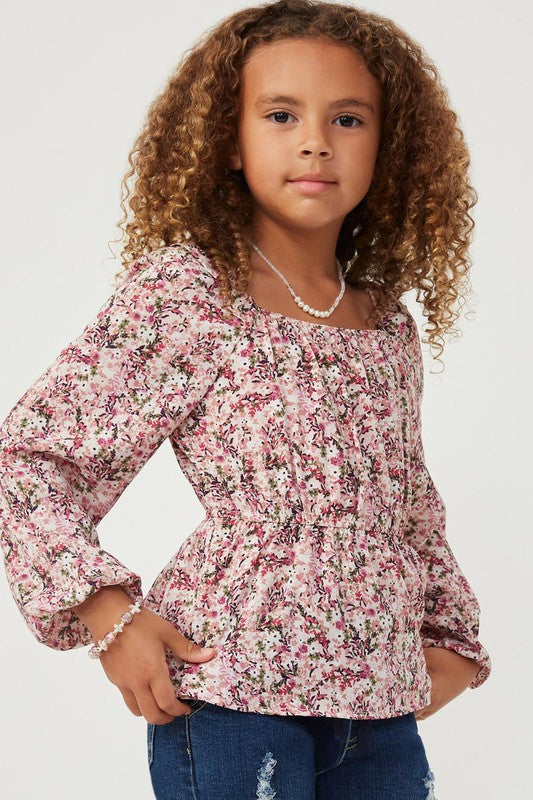 Girls Ditsy Floral Ruffled Neck Long Sleeve Top blouse