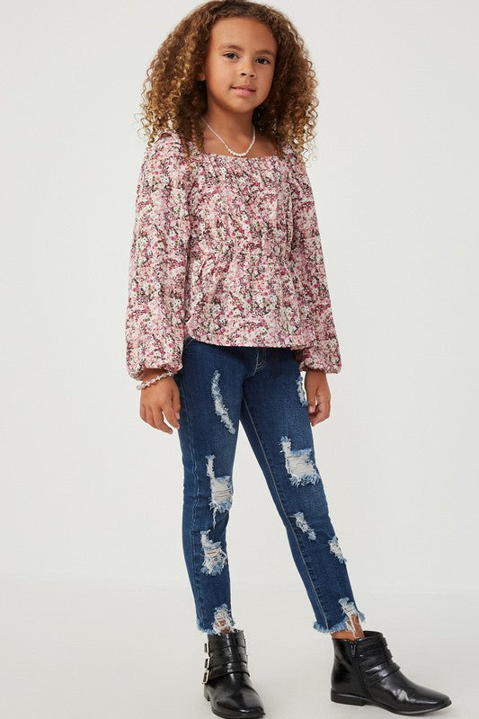 Girls Ditsy Floral Ruffled Neck Long Sleeve Top blouse
