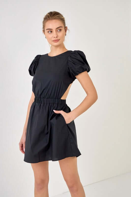Black Poplin Mini Dress with Pockets and Open suspender back Dress
