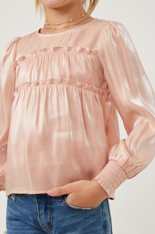 Hayden Girls Pink Iridescent Ruffled Smocked Cuff Top Medium Clothing