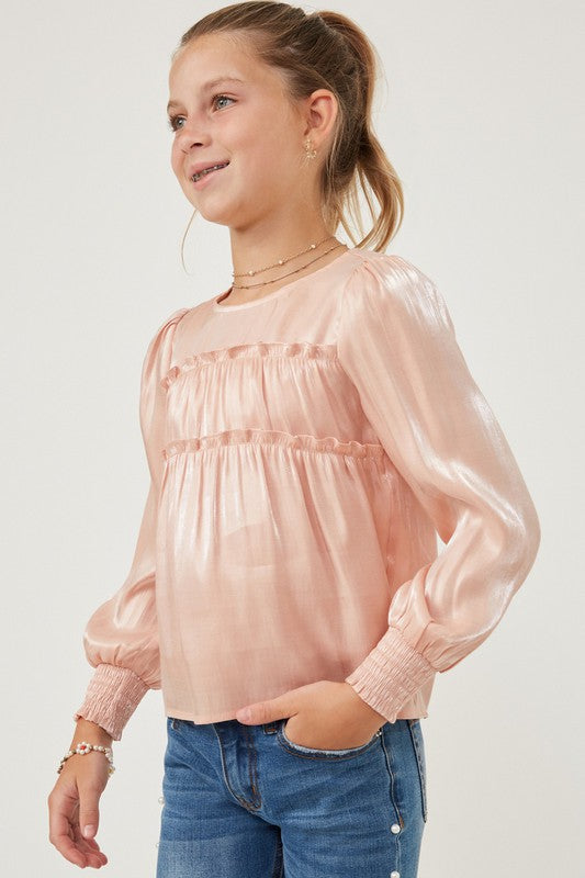 Hayden Girls Pink Iridescent Ruffled Smocked Cuff Top Large Clothing
