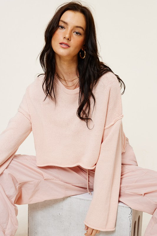 Blush Loose Fit Long Sleeve Cropped Sweater Blush Small sweater
