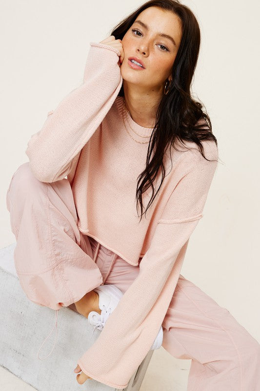 Blush Loose Fit Long Sleeve Cropped Sweater sweater