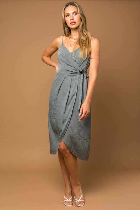 Side Wrap Satin Jacquard Dress in Silver/Grey - [product_category], Minx Boutique-Southbury