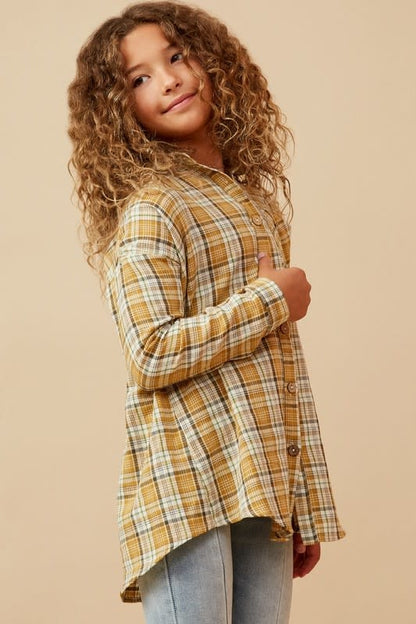 Hayden Girls Pocketed Mustard Plaid Button Up Shirt Shirt
