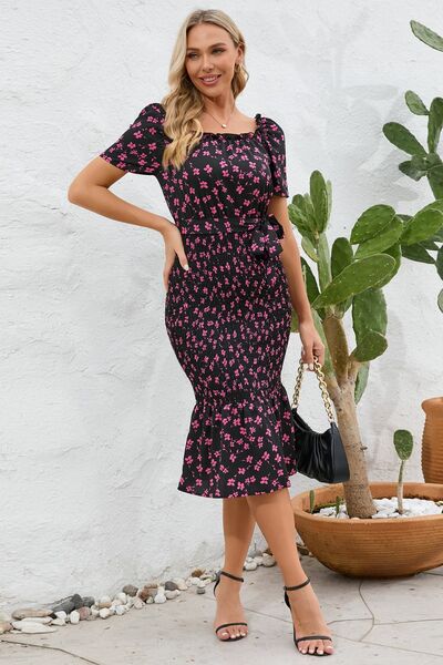 Frill Printed Tie Waist Midi Dress - [product_category], Minx Boutique-Southbury