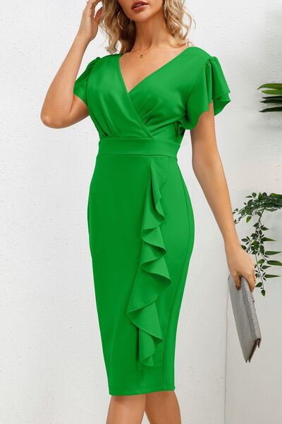 Ruffled Slit Surplice Cap Sleeve Dress - [product_category], Minx Boutique-Southbury