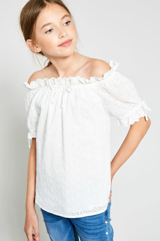 Hayden Girls Eyelet Off-Shoulder Ruffle Trim Top Top