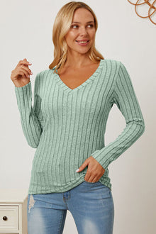  Basic Bae Full Size Ribbed V-Neck Long Sleeve T-Shirt - [product_category], Minx Boutique-Southbury