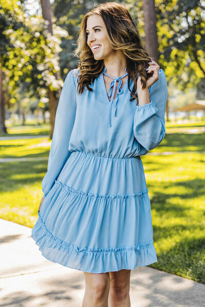 Frill Tie Neck Balloon Sleeve Dress - [product_category], Minx Boutique-Southbury