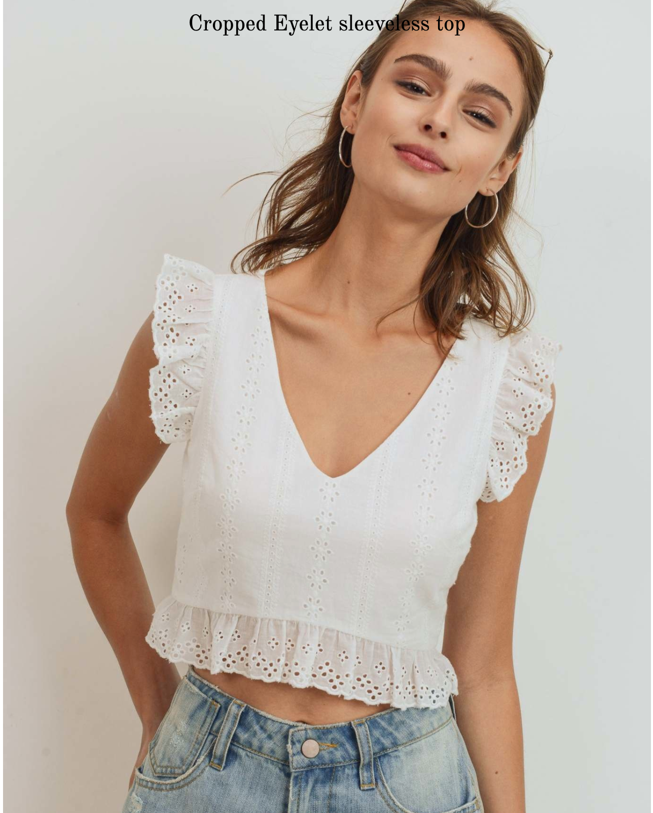 Women's White Ruffle Eyelet Crop Top Top