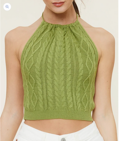 Cable Knit Sleeveless Cropped Halter Top Moss Clothing