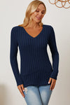 Basic Bae Full Size Ribbed V-Neck Long Sleeve T-Shirt - [product_category], Minx Boutique-Southbury