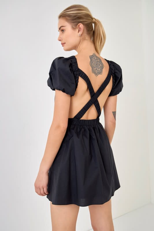 Black Poplin Mini Dress with Pockets and Open suspender back Dress