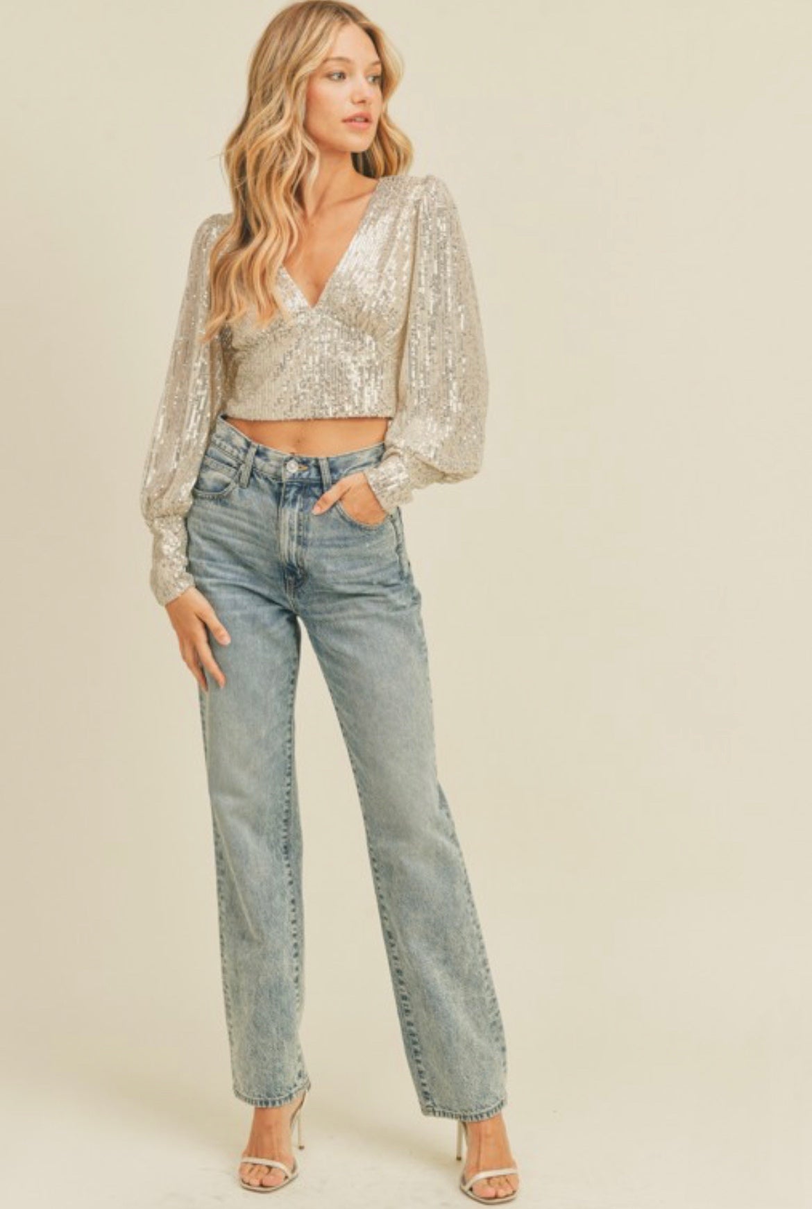 Long Sleeve Cropped Sequin V Neck Top in Oyster/Cream Medium Top