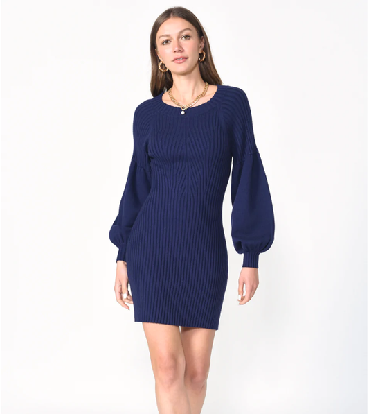 Marine Blue Mellie Ribbed Puff Sleeve Sweater Dress XSmall Dress
