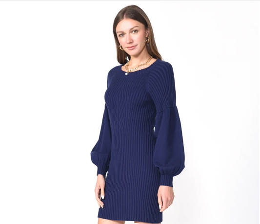 Marine Blue Mellie Ribbed Puff Sleeve Sweater Dress Dress