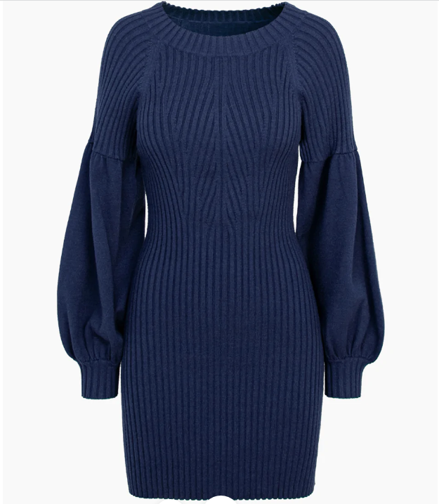 Marine Blue Mellie Ribbed Puff Sleeve Sweater Dress Medium Dress